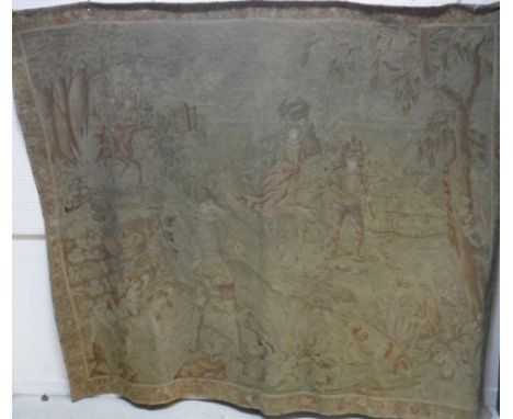 A 19th Century tapestry depicting figures and horses travelling on a path through a wooded landscape CONDITION REPORTS Tapest