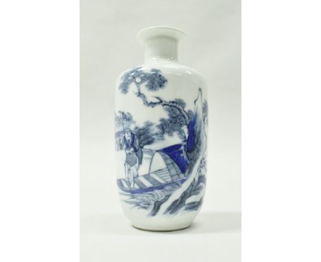 An 18th Century Chinese blue and white rouleau vase decorated with fisherman and boat by water's edge, raised on a circular f