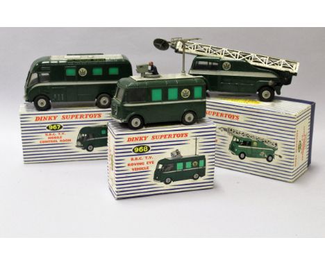 A Dinky Super Toys BBC TV extending mast vehicle with windows (969) boxed, a Dinky Super Toys BBC TV roving eye vehicle (968)