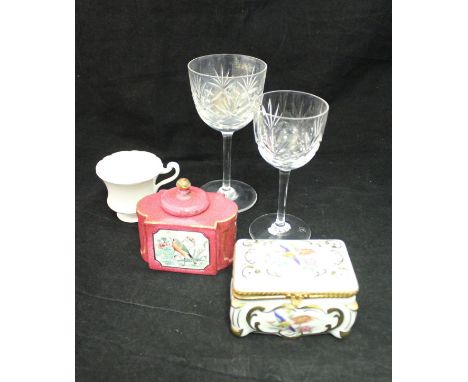 A set of six cut glass red wines, matching eight white wines, two Limoges porcelain trinket boxes and a porcelain inkwell and