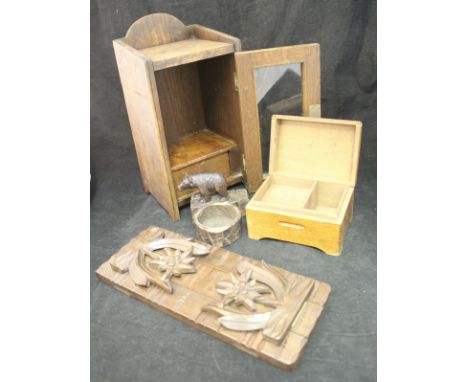 A selection of various treen ware to include smoker's cabinet, ship's wheel watch/pen stand, book trough, musical dish, cigar