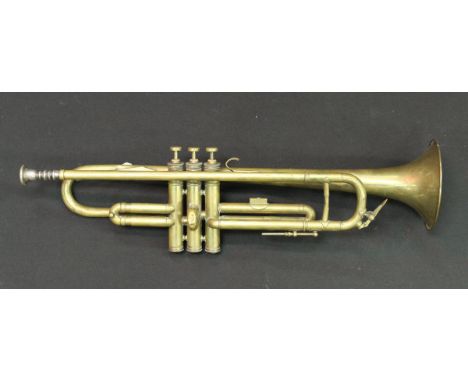 A vintage brass trumpet, valve bearing "BEE" motif and numbered "2779"