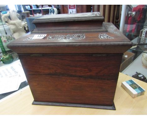 A 19th Century rosewood table cabinet of sarcophagus form, with two large ring side handles, the whole inlaid in mother-of-pe