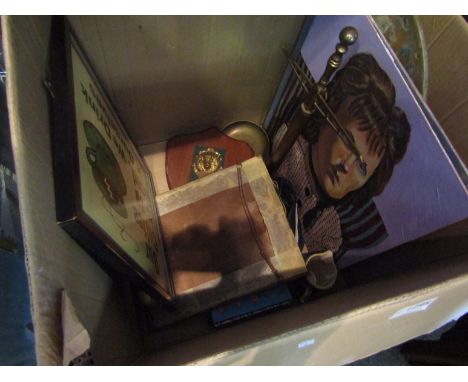 A box of mixed items including scales, pictures etc 