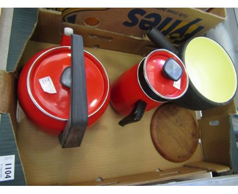 A retro fondue set and red enamel ware French coffee and tea kettles "AUBECA"