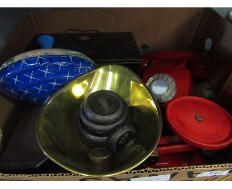A box of miscellaneous including kitchen scales, red dial telephone etc.
