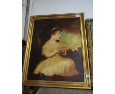 An oil on canvas portrait of young girl in gold dress, gilt brushed frame