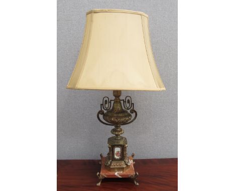 A highly ornate ormolu French, lamp with marble base, with shade, 80cm tall overall   