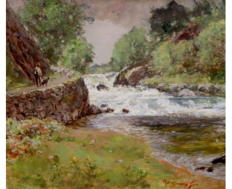 Sir David Murray R. A. (1849-1933)oil on boardRiver scene with shepherd and his dog on a pathsigned13 x 17.25inCONDITION: Oil