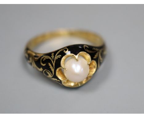 A Victorian 18ct gold, black enamel and pearl memorial ring, gross 3.7 grams