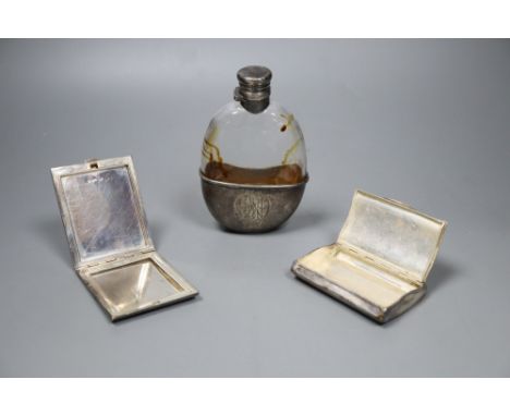 A Victorian silver-mounted glass oval hip flask, London, 1881,14cm, a later silver compact and a silver snuff box.CONDITION: 