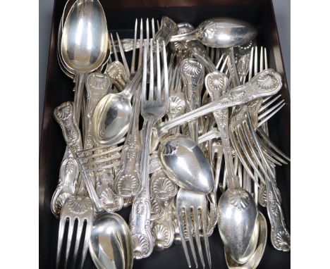 A matched part canteen of 19th century silver Kings pattern flatware, comprising thirty four items, various dates and makers,