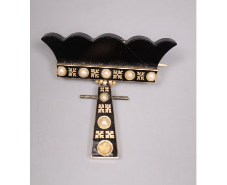 A Victorian gold, pearl and jet brooch with black enamel decoration, width 3.75cm, gross 9.8 gramsCONDITION: Unmarked, lacks 