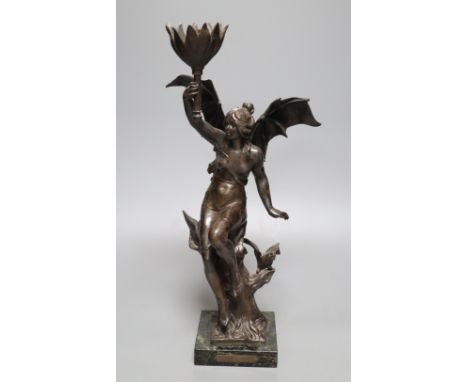 A 20th century spelter figural lamp of 'Night', height 43cmCONDITION: Figure good; all wiring removed.