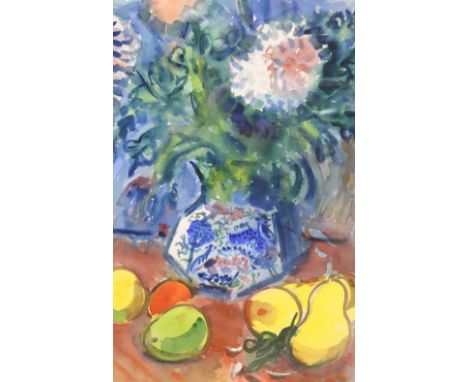 Sullivan, watercolour, Still life of flowers in a vase and fruit, signed, 55 x 37cm