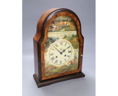 A burr walnut painted mantel clock, height 36cm