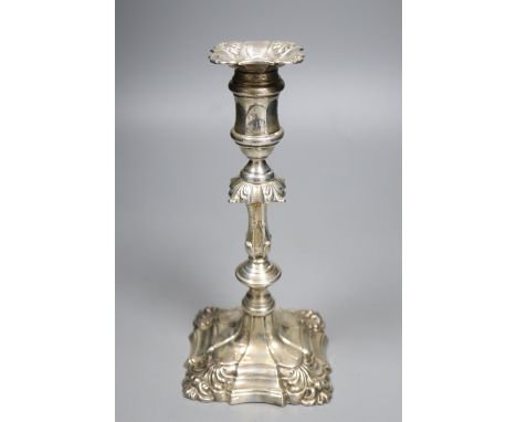 A late Victorian George III style silver candlestick, I.S. Greenburg &amp; Co, Birmingham, 1900, weighted, 23.5cm.CONDITION: 