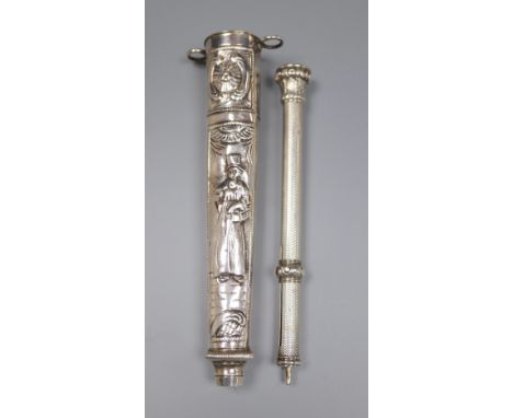 Two white metal propelling pencils, including engine turned with amethyst coloured intaglio set terminal, 93mm.CONDITION: Bot