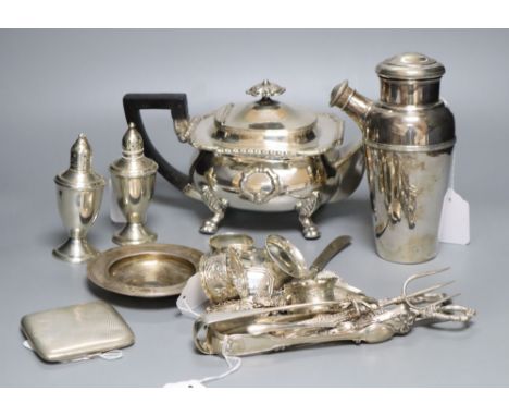 A collection of silver and plated items, the silver items comprising a pair of Sterling weighted peppers, a 'BCG Summer 1986'