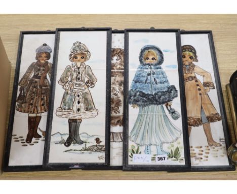 Five framed sets of three Jersey Pottery tile plaques, depicting ladies dressed for winter, 46 x 15cm