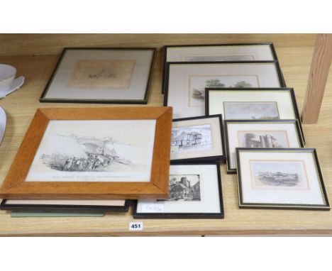 A group of assorted 19th century and later watercolours and prints, depicting scenes in and around Lewes, including 'Fatal Ra