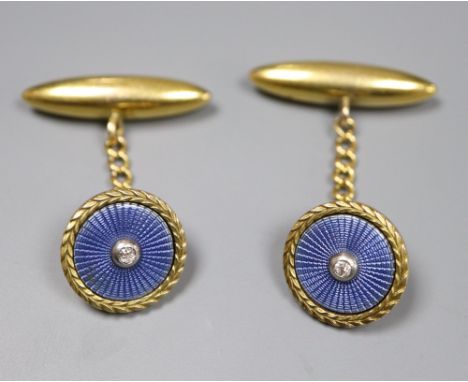 A pair of early-mid 20th century French? yellow metal, guilloche enamel and diamond set circular cufflinks, 14mm, gross 8.8 g