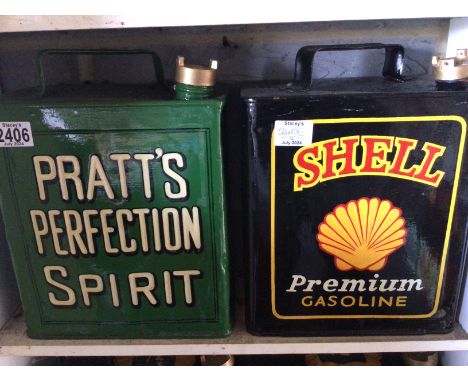 Two hand painted Vintage Pratts Perfection and Shell Premium Gasoline petroleum cans. (2)