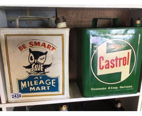 Two Vintage hand painted Petroleum cans. Castrol and Be Smart at the Milage Mart advertised can. (2)