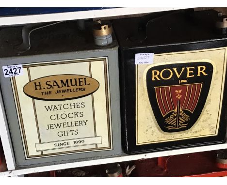 Two Vintage hand painted Petroleum cans advertising H Samuel Jewellers since 1890 and Rover Car (2)