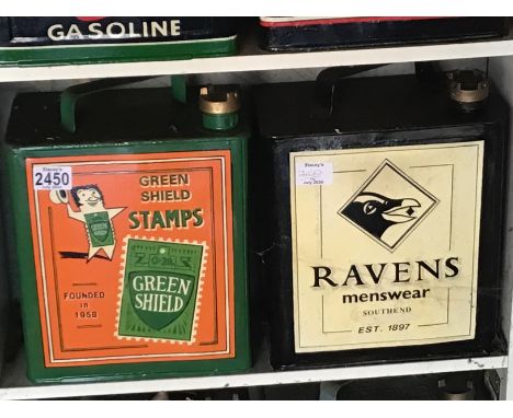 Two Vintage hand painted Petroleum cans advertising ware Green Shield Stamps and Ravens menswear Southend (2)