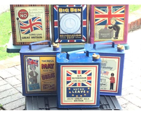 A collection of six Vintage hand painted Petroleum cans Political theme Restoration of Big Ben and Royal Wedding (6)