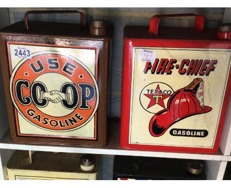 Two Vintage hand painted Petroleum cans USE Co op Gasoline and Texaco fire Chief (2)