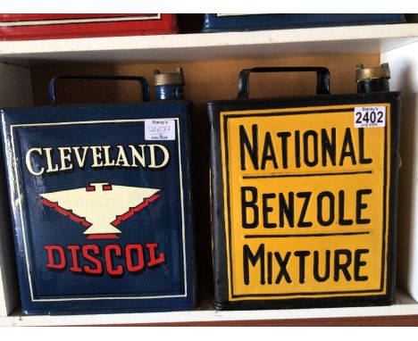 Two hand painted Vintage Cleveland Discol and National Benzole Mixture petroleum cans. (2)