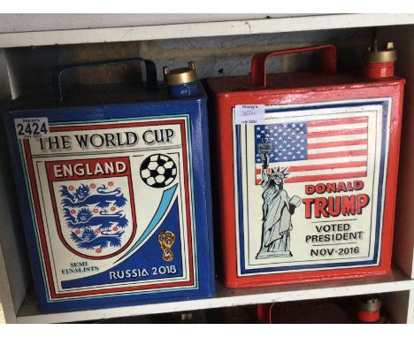 Two Vintage hand painted Petroleum Cans Football The World Cup Russia 2018 and Donald Trump President 2016 (2)