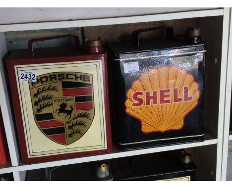 Two Vintage hand painted Petroleum cans Shell and Porsche car (2)