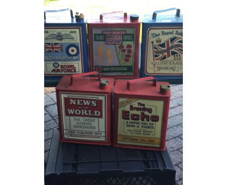 A collection of five Vintage Petroleum cans hand painted Military Memorial Royal commemorative and two News paper advertising