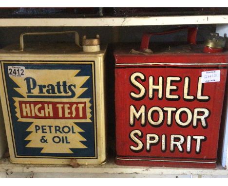 Two hand painted Vintage Pratts High Test Petrol and oil and Shell Motor Spirit petroleum cans. (2)