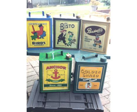A collection of five Vintage Petroleum cans hand painted advertising ware Bassetts Anchor Bisto Golly Golden Shred (5)
&nbsp;