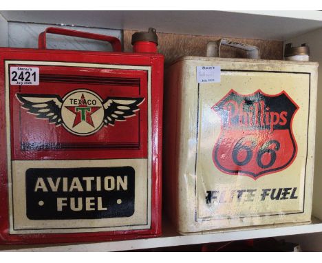 Two Vintage hand painted Petroleum cans Aviation Fuel Texaco and Phillips 66 File Fuel (2)