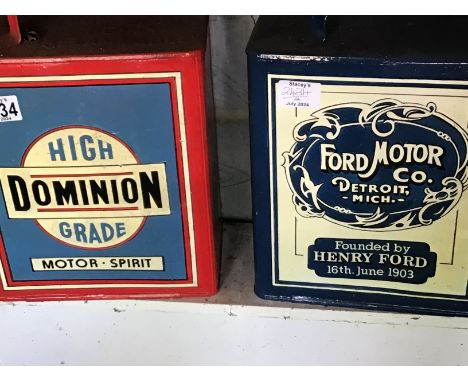 Two Vintage hand painted Petroleum cans High Dominion Grade Motor Spirit and Ford Motor Company Mich Henry Ford (2)