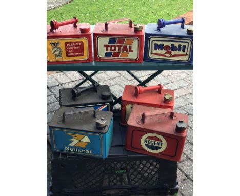 A collection seven of 5l Vintage hand painted Petrol cans National Regent Total Mobil and others (7)