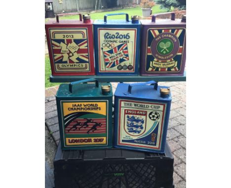 A collection of five Vintage Petroleum cans hand painted 2012 Olympics Rio 2016 IAAF World Championship 2017 Russia 2018 Olym