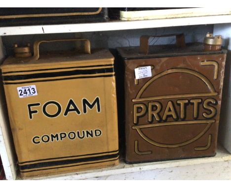 Two hand painted Vintage Foam Compound and Pratts  petroleum cans. (2)