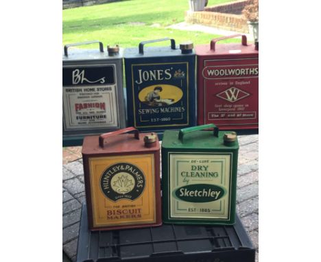 A collection of five Vintage Petroleum cans hand painted advertising ware Woolworths Sketchleys Huntley & Palmer BHS Jones se