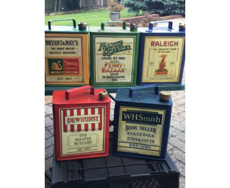 A collection of five Vintage Petroleum cans hand painted advertising ware Swan Vesta Matches Raleigh bikes Dewhurst the maste