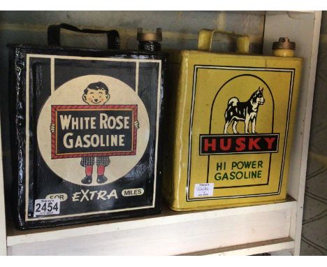 Two Vintage hand painted Petroleum cans white Rose Gasoline and Husky Hi Power Gasoline (2)