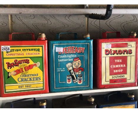 Three Vintage hand painted advertising ware Petroleum Cans Tom Smiths Christmas Crackers 1847 Eveready batteries and Dixons t