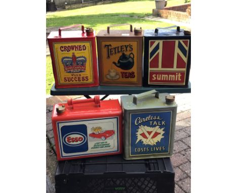 A collection of Vintage Hand painted Petroleum cans Tetleys Tea Birds Custard Esso Summit and Careless talk cost lives.