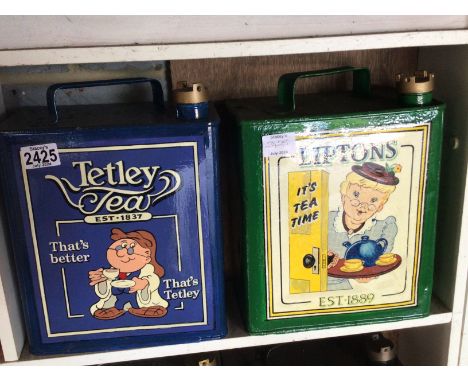Two Vintage hand painted Petroleum cans advertising Tetley Tea and Liptons tea (2)