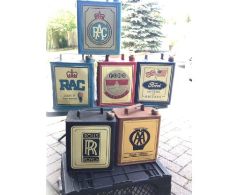 A collection of six Vintage Petroleum motor car cans Ford RAC AA Rolls Royce (6)